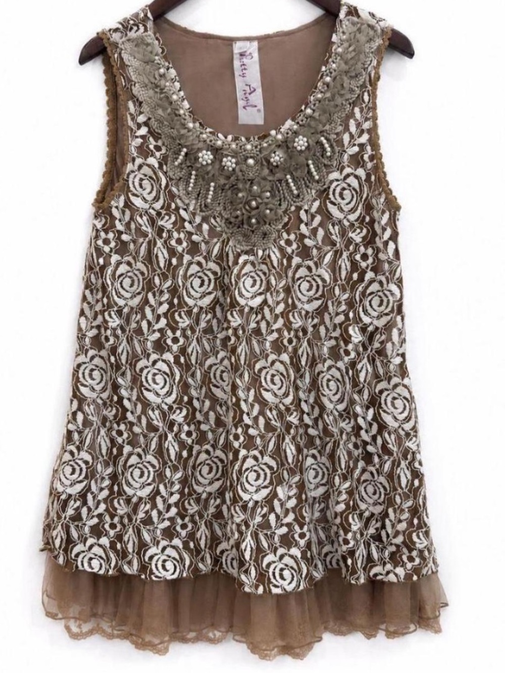 Pretty Angel Large Brown Lace Tunic Sleeveless Pearl Rosette Boho Mori Kei Top